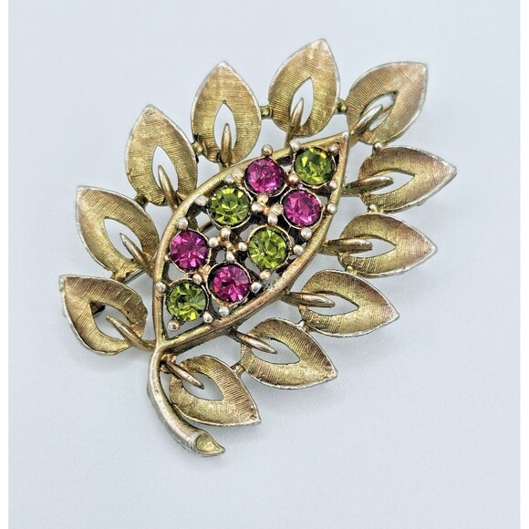 Elegant Estate Brooch Leaf Sprig Summer Pink Green Colorful Gold Tone Jewel Pin - Picture 2 of 9